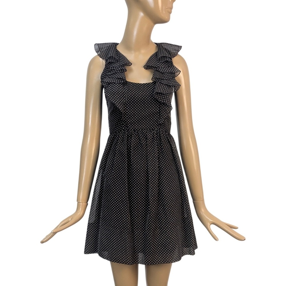 Vintage 60s Rodrigues Mod Brown Polka Dot Mini Dress Ruffle Neck A-Line Retro
